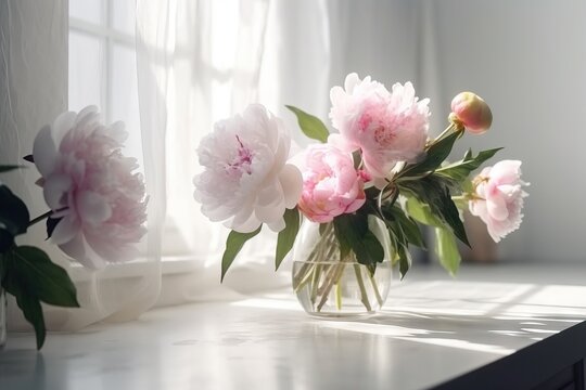  a vase of flowers sitting on a table next to a window.  generative ai