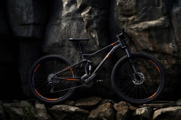 A rocky dark backdrop with a bicycle in the front. Generative AI
