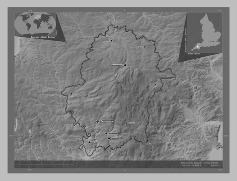 West Devon, England - Great Britain. Grayscale. Labelled points of cities