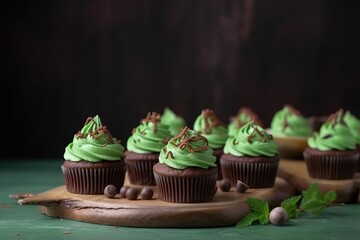 Obraz na płótnie Canvas cupcakes with green frosting on a wooden board. generative ai