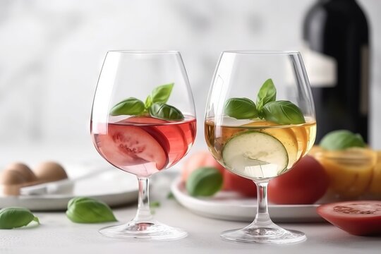  two wine glasses filled with different types of wine and vegetables.  generative ai