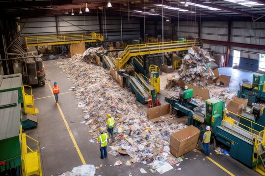 Materials Recycling Facility, With Staff Sorting And Processing Recyclables, Created With Generative Ai