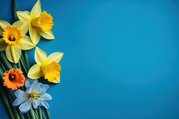  a bunch of yellow and white flowers on a blue background.  generative ai