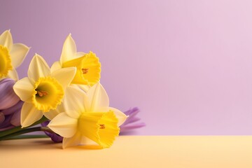 a bouquet of yellow and purple flowers on a table with a purple background.  generative ai
