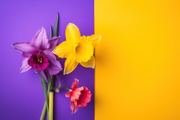  three different colored flowers on a purple and yellow and purple background.  generative ai
