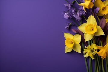  a bunch of yellow and purple flowers on a purple background.  generative ai