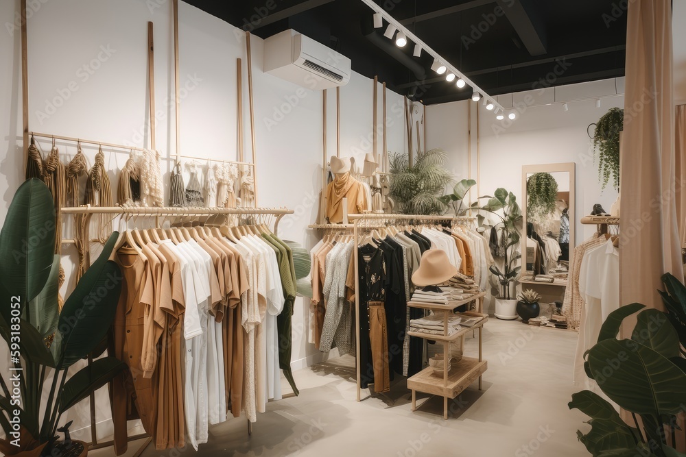 Wall mural fast-fashion store, showcasing its latest collection of trendy clothing, created with generative ai