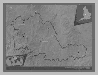 West Midlands Combined Authority, England - Great Britain. Grayscale. Labelled points of cities