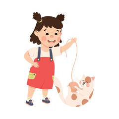 Happy cute little girl playing with her pet cat cartoon vector illustration