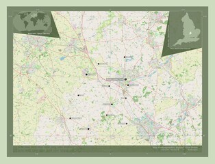 West Northamptonshire, England - Great Britain. OSM. Labelled points of cities