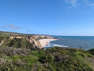 Half Moon Bay coastal cliffside landscape, California coastline, Pacific Ocean view from the cliffs of Half Moon Bay, San Francisco coastline, California cliffed abrasion coast