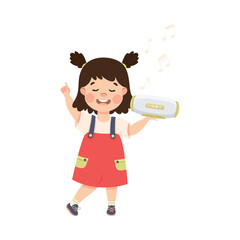 Joyful girl dancing and having fun with audio speaker cartoon vector illustration