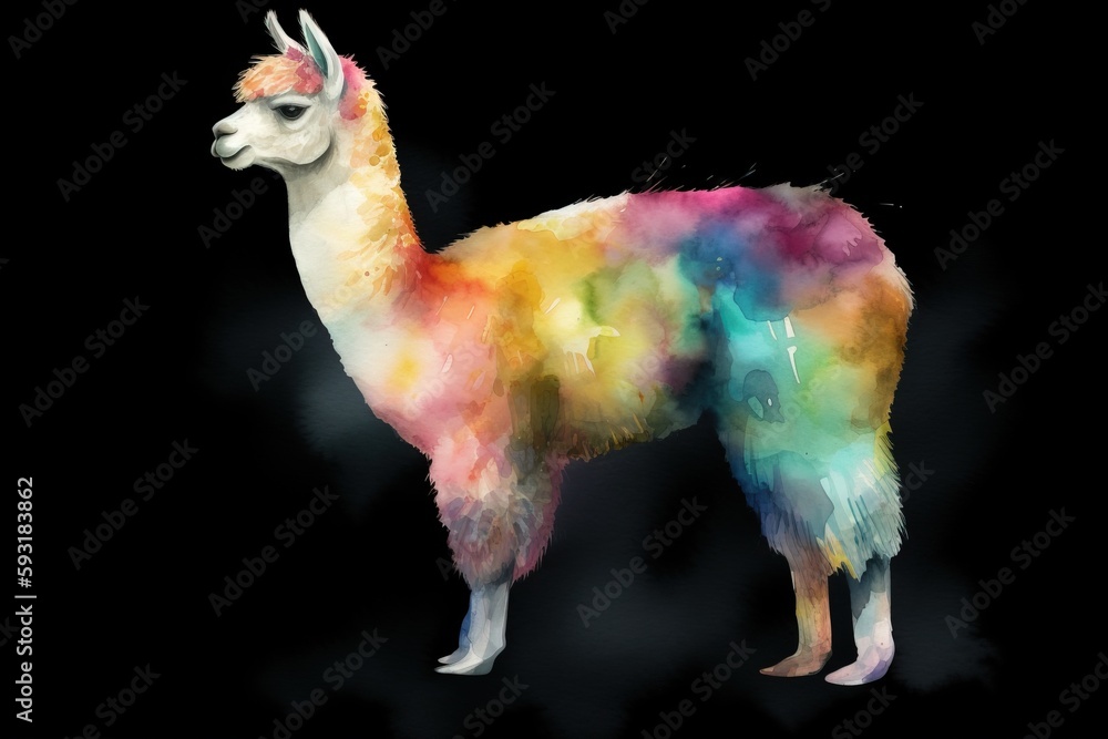 Poster a colorful llama standing in the dark with a black background. generative ai