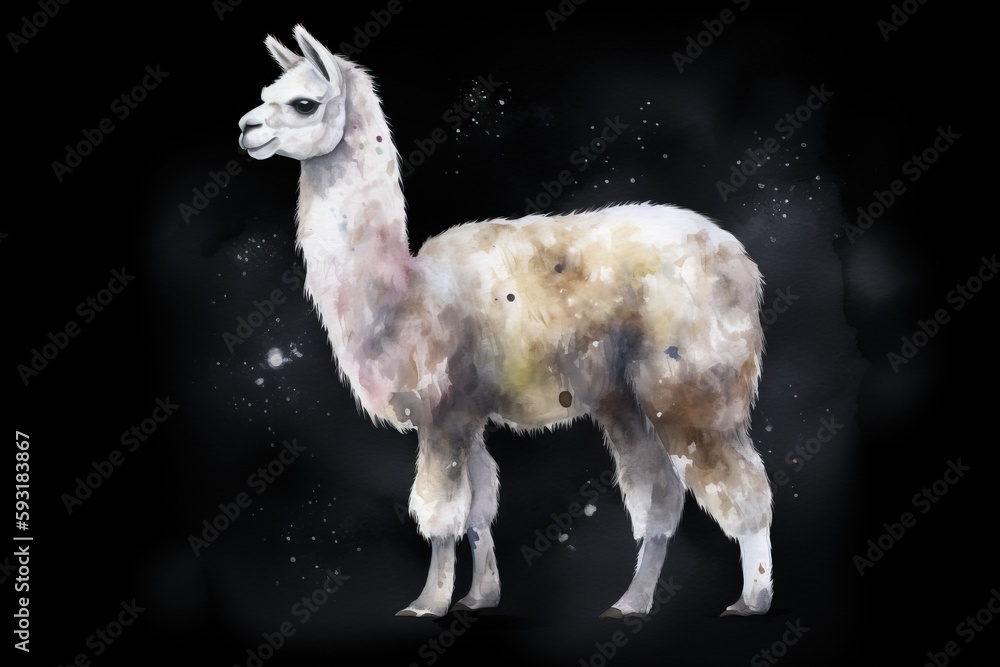 Poster a painting of a llama standing in the dark with stars in the background. generative ai