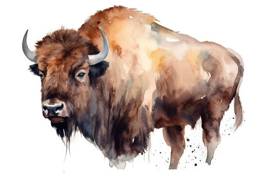  a watercolor painting of a bison standing in the snow.  generative ai