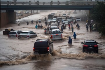 Fototapeta na wymiar flash flood rushing over bridge, with cars and people in its path, created with generative ai