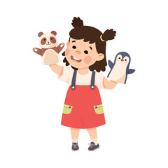 Cute happy brunette little girl playing with panda bear and penguin hand puppets cartoon vector illustration