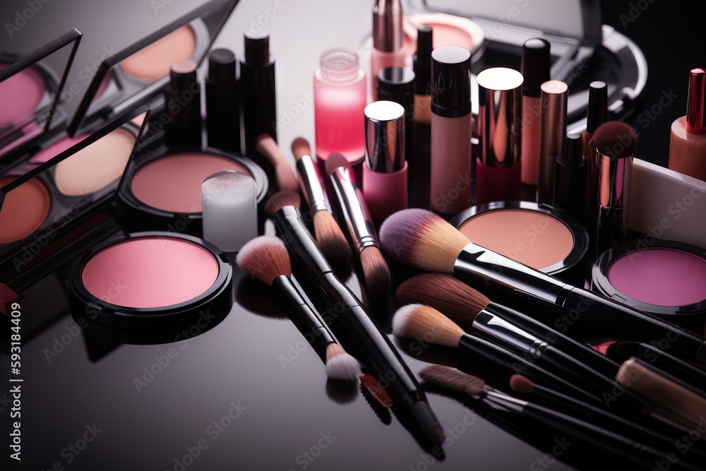 Poster a collection of cosmetics and make up brushes on a table. generative ai