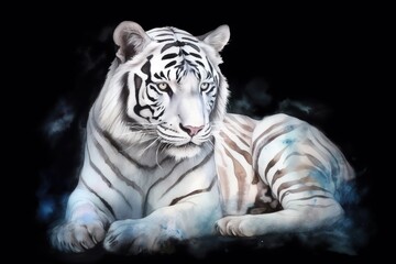 Fototapeta na wymiar a white tiger laying down on a black background with smoke. generative ai