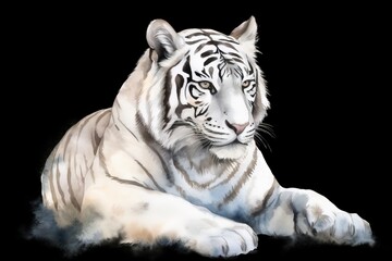 Fototapeta na wymiar a white tiger laying down on a black background with a black background. generative ai