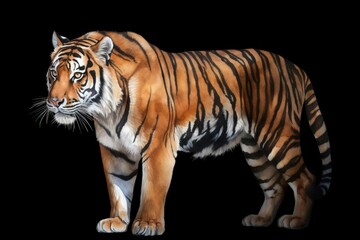  a tiger standing on a black background with a black background.  generative ai