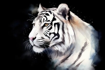  a painting of a white tiger on a black background with stars.  generative ai