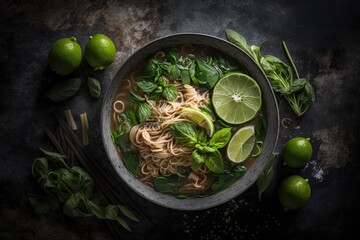 Vietnamese pho noodles in a bowl with basil, mint, and lime on a concrete background. Generative AI - obrazy, fototapety, plakaty