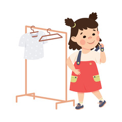 Cute happy brunette little girl dressing herself up. Child in everyday activities cartoon vector illustration