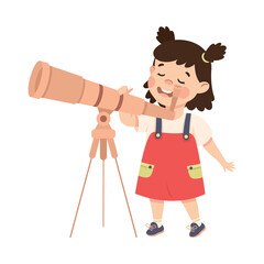 Cute happy brunette little girl looking through telescope at stars cartoon vector illustration