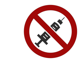 Illustration style is a flat iconic symbol inside red crossed circle on a white background. Simple No Vaccination raster sign, designed for rules, restrictions, regulations,