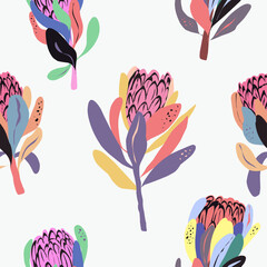 Multicolor Lovely Protea Delicate Floral Seamless Pattern Flat Design Trendy Endless Repeat Pattern Wallpaper Textile Print Wrapping Paper