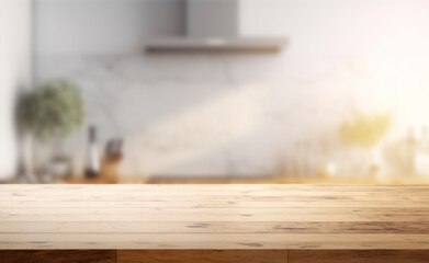 Empty beautiful wood table  top counter  and blur bokeh modern kitchen interior background in clean and bright,Banner, Ready for product montage