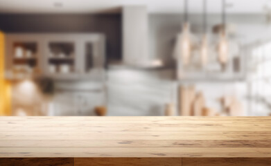 Empty beautiful wood table  top counter  and blur bokeh modern kitchen interior background in clean and bright,Banner, Ready for product montage