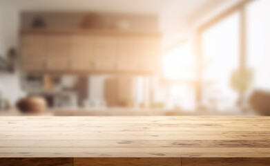 Empty beautiful wood table  top counter  and blur bokeh modern kitchen interior background in clean and bright,Banner, Ready for product montage - obrazy, fototapety, plakaty