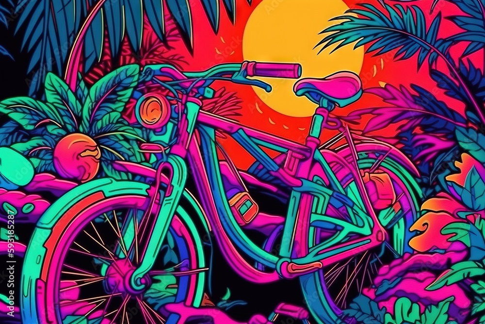 Aufkleber a colorful bicycle parked in front of a palm tree with the sun in the background. generative ai