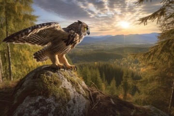 The low Tatra Mountains are home to a Eurasian eagle owl that flies over the treetops. Generative AI