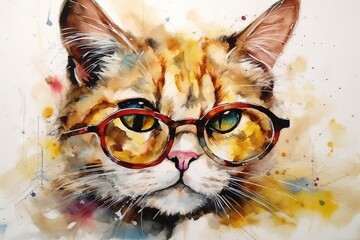  a painting of a cat with glasses on it's face.  generative ai