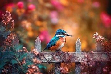  a colorful bird perched on a wooden fence surrounded by flowers.  generative ai