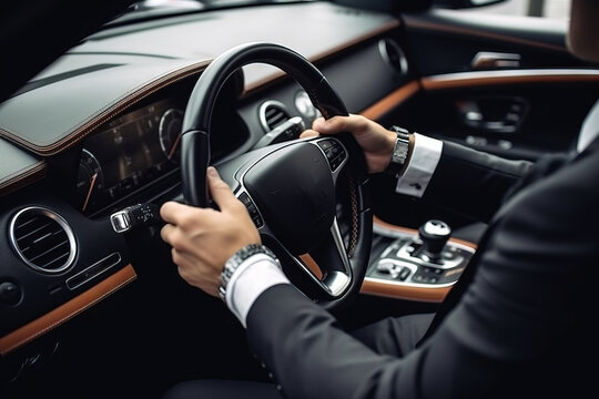  a man in a suit driving a car with his hands on the steering wheel.  generative ai