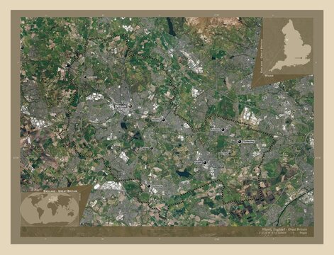 Wigan, England - Great Britain. High-res satellite. Labelled points of cities