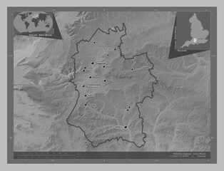 Wiltshire, England - Great Britain. Grayscale. Labelled points of cities