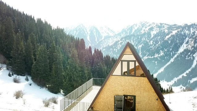 Aerial view of chalet cottage in mountain resort