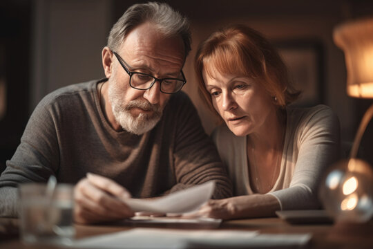 Middle Aged Couple Looking At Bills With Worried Looks, Having Financial Problems, Generative Ai