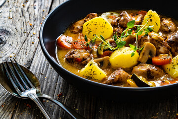 Delicious stew - cooked vegetables with roast meat on wooden table
