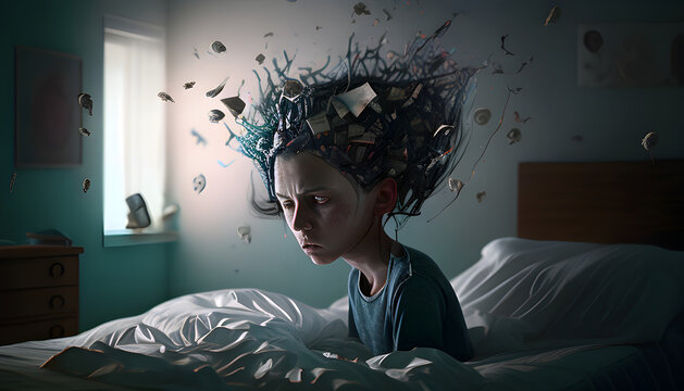  girl in bed with many paper pieces flying out of her head