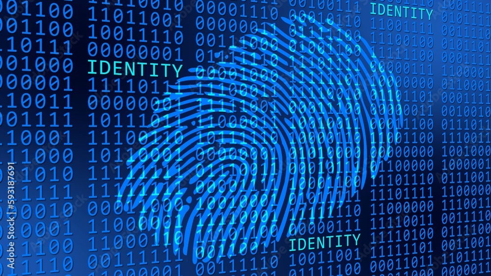 Poster identity fingerprint on binary code background - scanning identification system by biometric authori