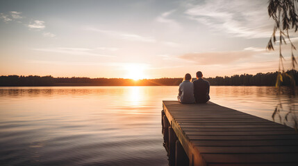 A couple watching the sun set on a dock by a calm lake - obrazy, fototapety, plakaty