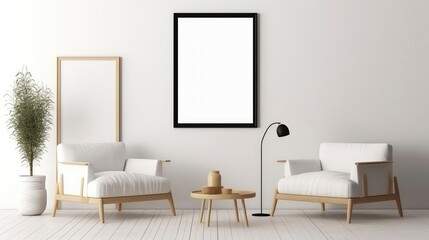 AI generated image of a simple living room interior design with a mockup frame