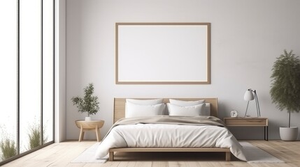 AI generated image of a simple bedroom interior design with a mockup frame. 
