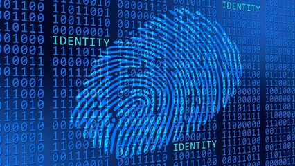 IDENTITY Fingerprint on binary code background - scanning identification system by biometric authorization - cyber or business security concept - 3D Illustration